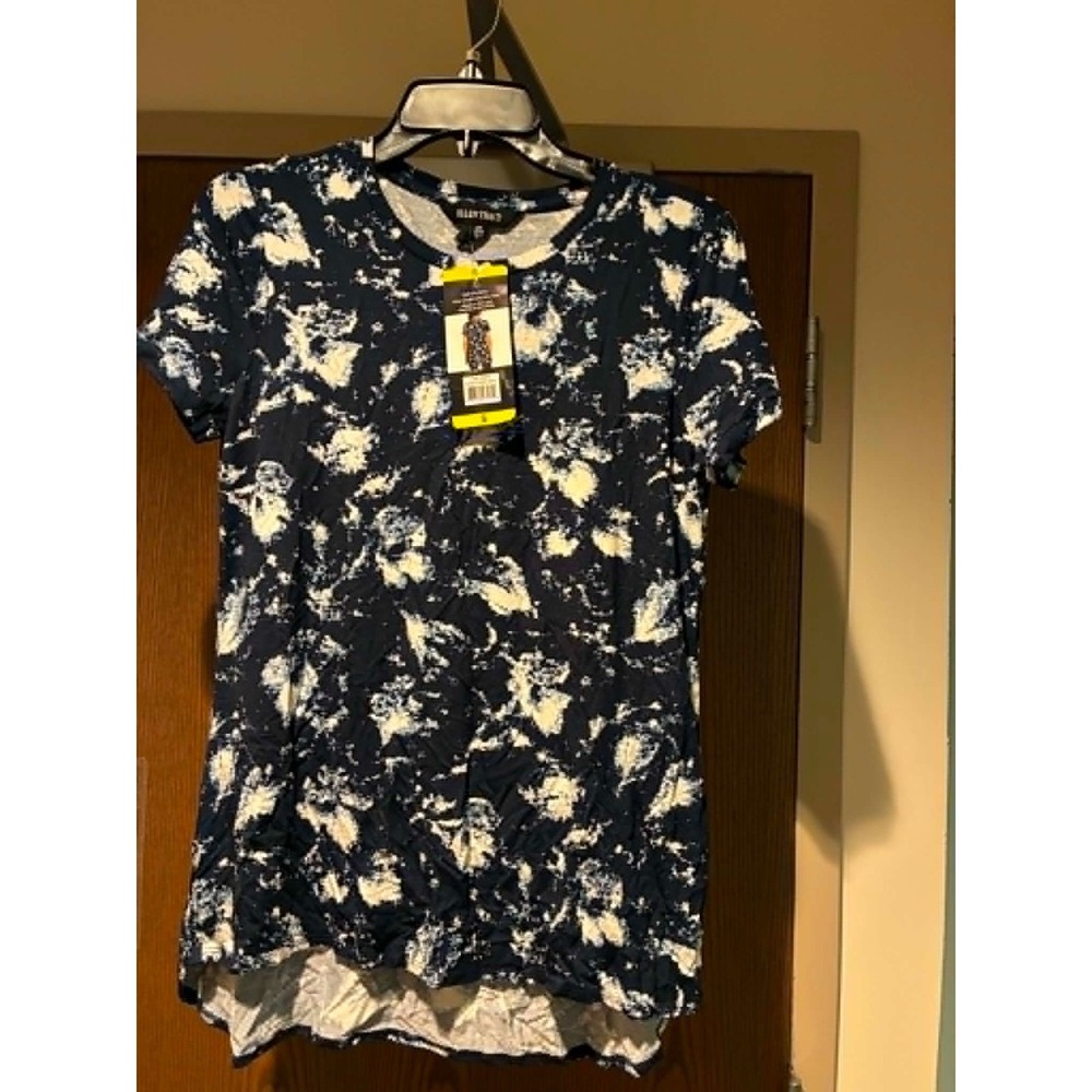 Ellen Tracy Women Dusty Floral Navy Hi-Lo Tunic Top Short Sleeve Knit S